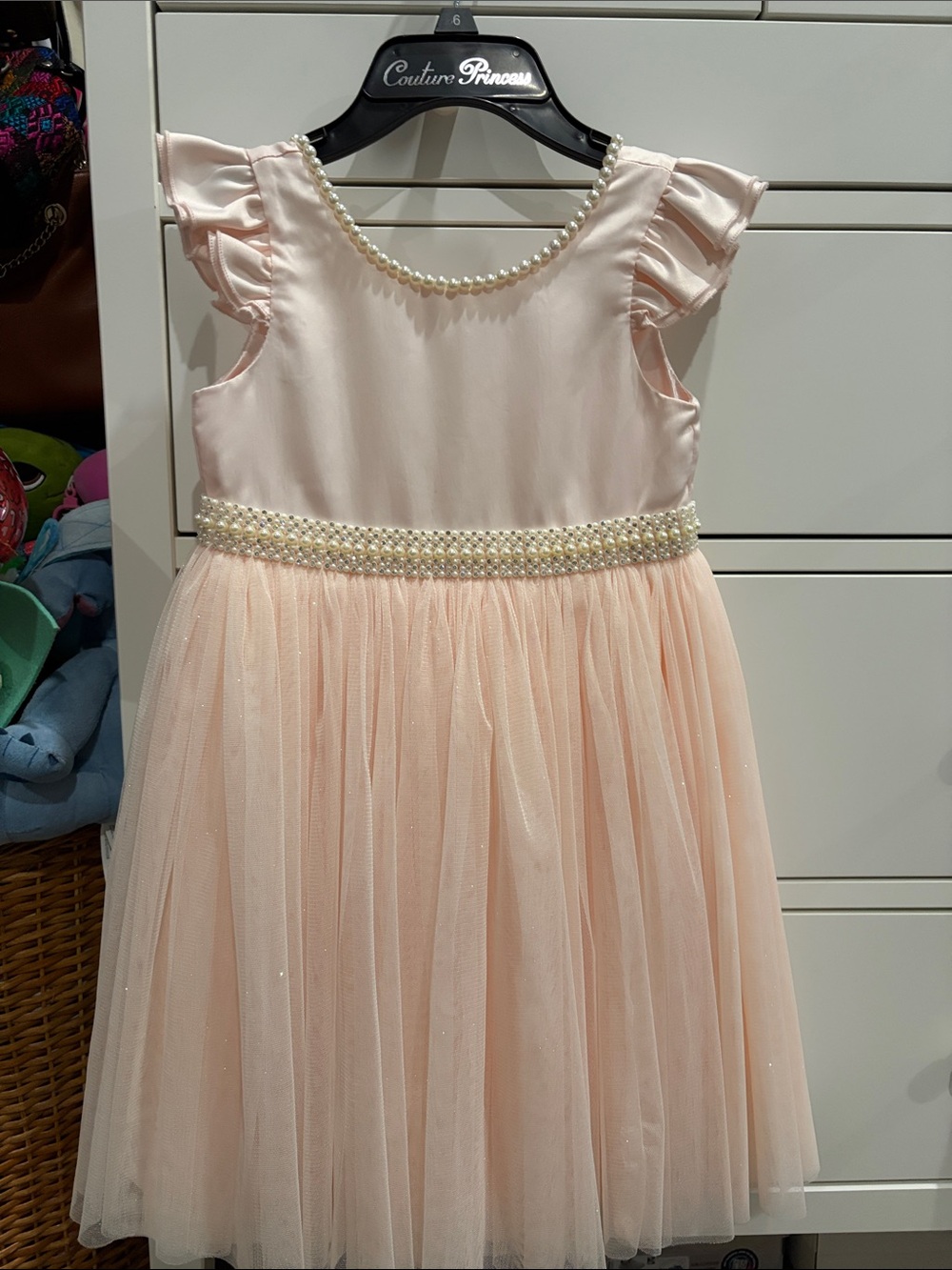 Pearl-Trim Blush Pink Tulle Girls Dress